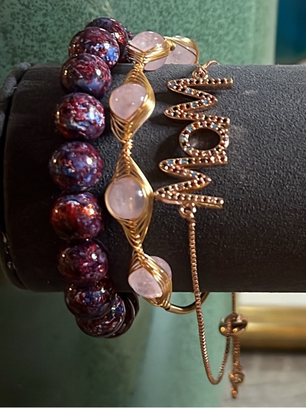 3PCS Set Gold and Rose Quartz Bead Bracelet with Red Rustic Boho Glass Bracelet
